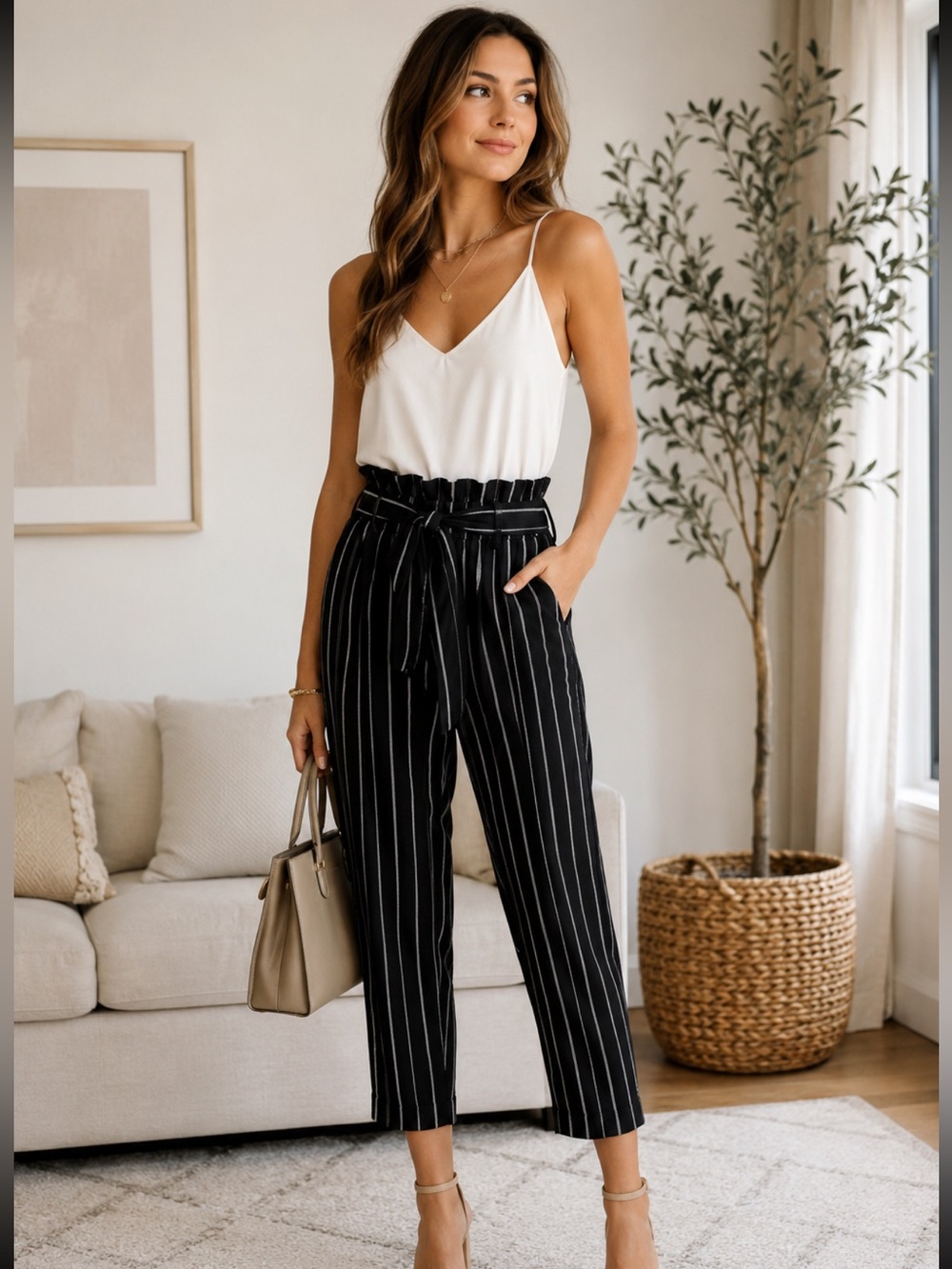 Hollister Ultra High Rise Black White Stripe Paperbag Tie Waist Pants S